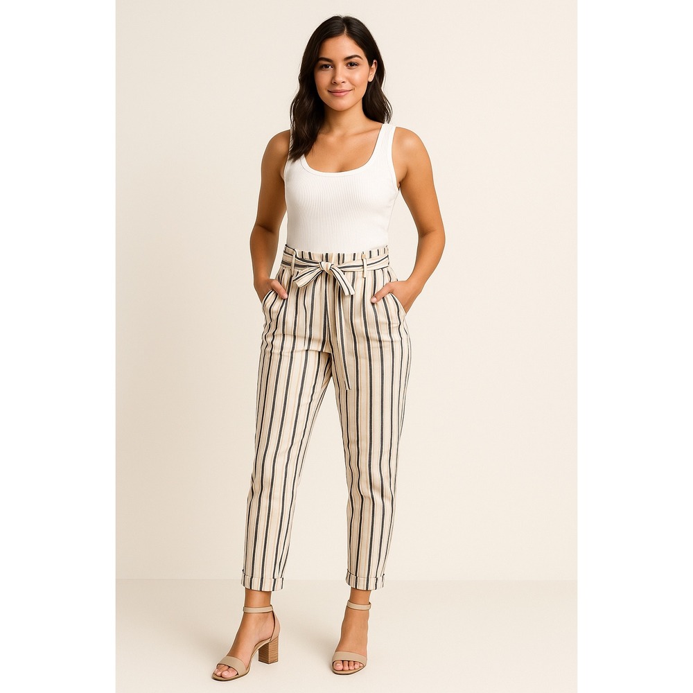 Forever 21 Striped Paper Bag Waist Pants High Rise Casual Trousers S‎